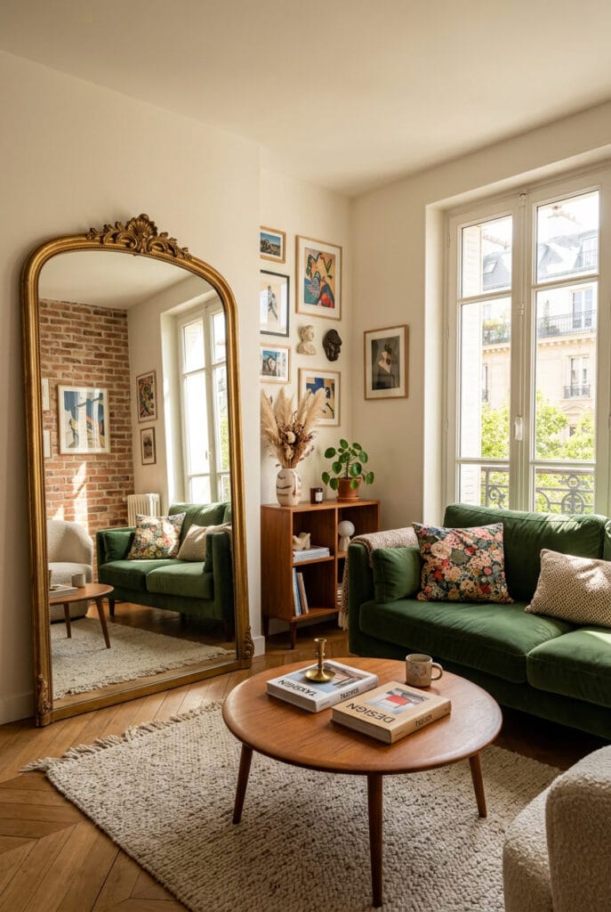 Grand miroir dans un petit salon reflétant la lumière et duplicant visuellement l'espace