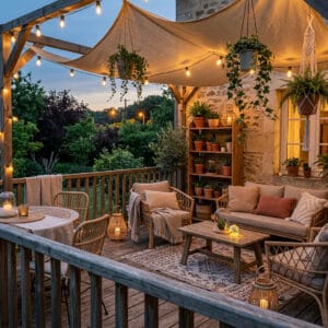 Terrasse aménagée avec coin repas en bois et rotin, espace détente aux coussins moelleux, plantes vertes variées et guirlandes lumineuses pour une ambiance chaleureuse.