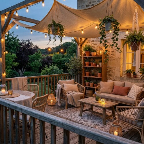 Terrasse aménagée avec coin repas en bois et rotin, espace détente aux coussins moelleux, plantes vertes variées et guirlandes lumineuses pour une ambiance chaleureuse.