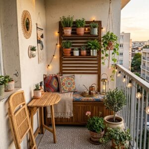 Petit balcon cosy aménagé avec meubles multifonctionnels et plantes vertes
