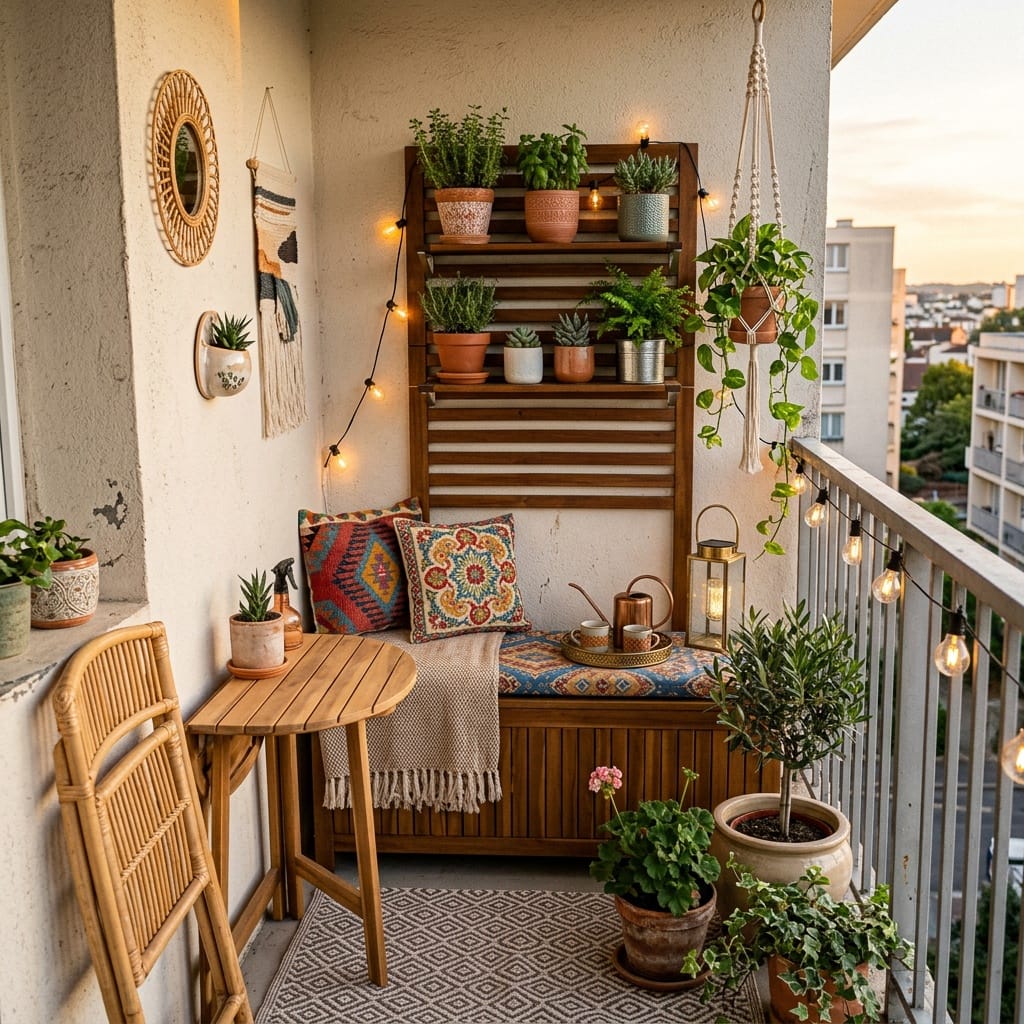 Petit balcon cosy aménagé avec meubles multifonctionnels et plantes vertes