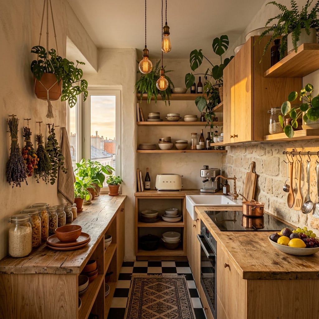 Cuisine cosy mêlant bois naturel, carrelage vintage et plantes tropicales