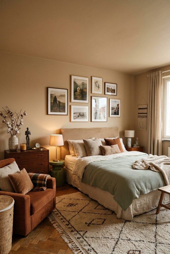 Chambre adulte aux murs peints dans une teinte douce et enveloppante pour une ambiance cosy