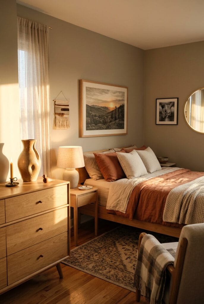 Chambre adulte avec quelques objets décoratifs soigneusement choisis posés sur un meuble créant une composition épurée et élégante