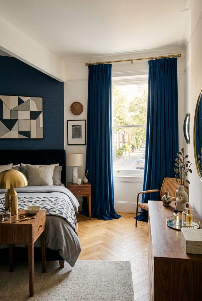 Longs rideaux en tissu naturel encadrant une fenêtre dans une chambre adulte cosy baignée de lumière douce et tamisée