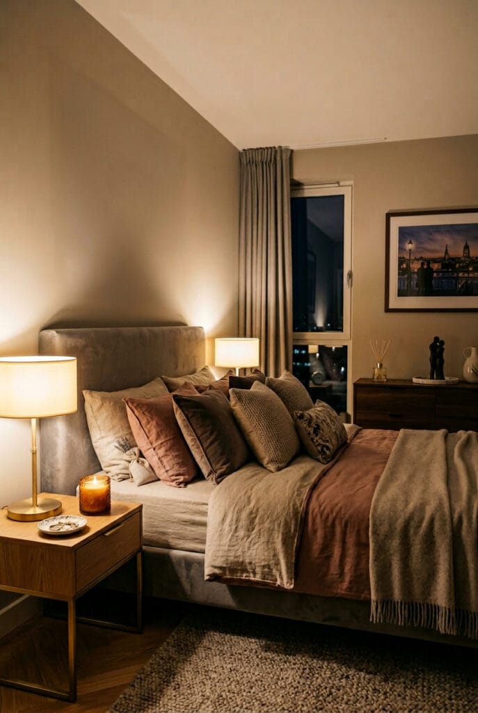 Bougie parfumée et accessoires olfactifs posés dans une chambre adulte cosy créant une atmosphère douce et apaisante