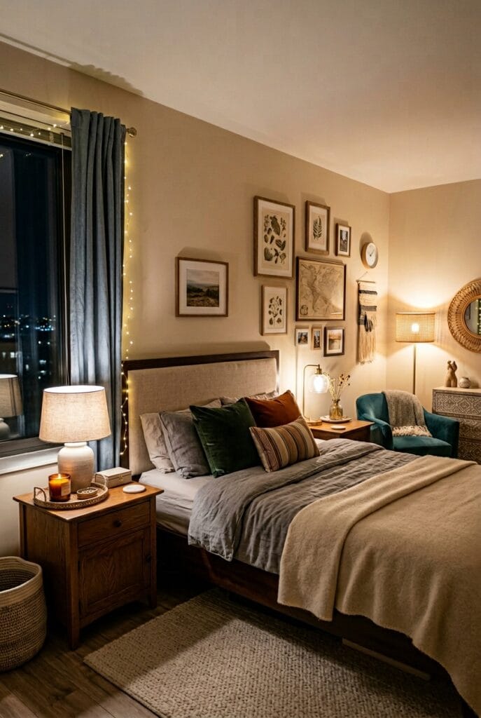 Déco chambre adulte avec un éclairage tamisé et chaleureux pour une ambiance douce et reposante