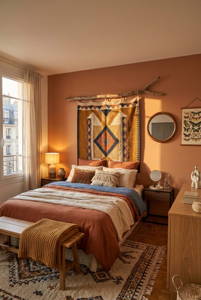 Chambre adulte avec une tête de lit imposante qui structure l'espace et ancre toute la décoration de la pièce