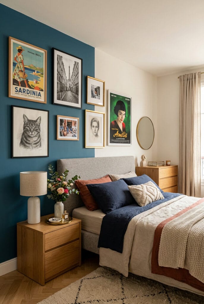 Mur décoré dans une chambre adulte avec une composition de cadres et d'affiches formant un ensemble personnel et caractériel