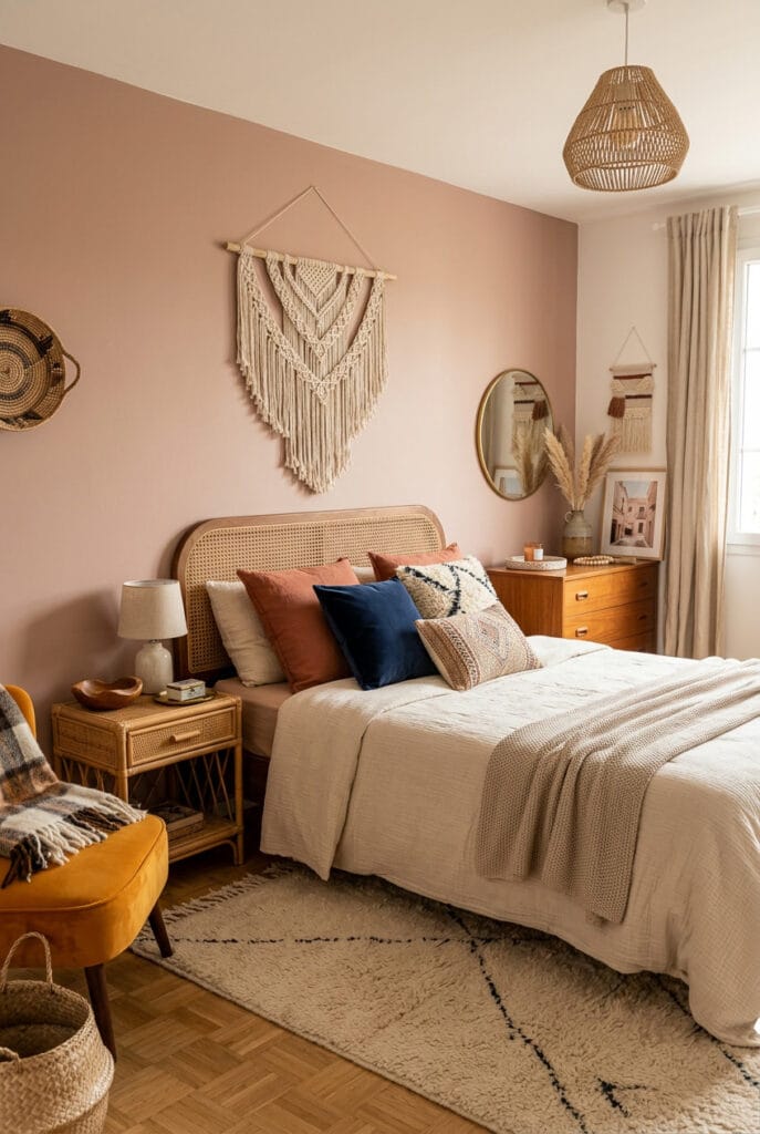 Chambre adulte meublée avec des pièces de mobilier décoratives au design soigné qui subliment l'ensemble de la pièce