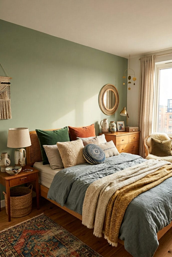 Détail de textiles moelleux et naturels superposés sur un lit dans une chambre adulte à l'ambiance chaleureuse et cosy