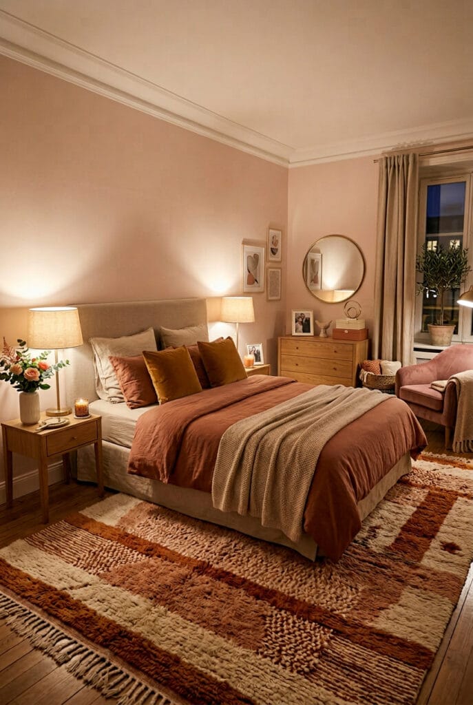 Déco chambre adulte avec un tapis moelleux aux tons naturels qui réchauffe l'atmosphère et structure visuellement la pièce