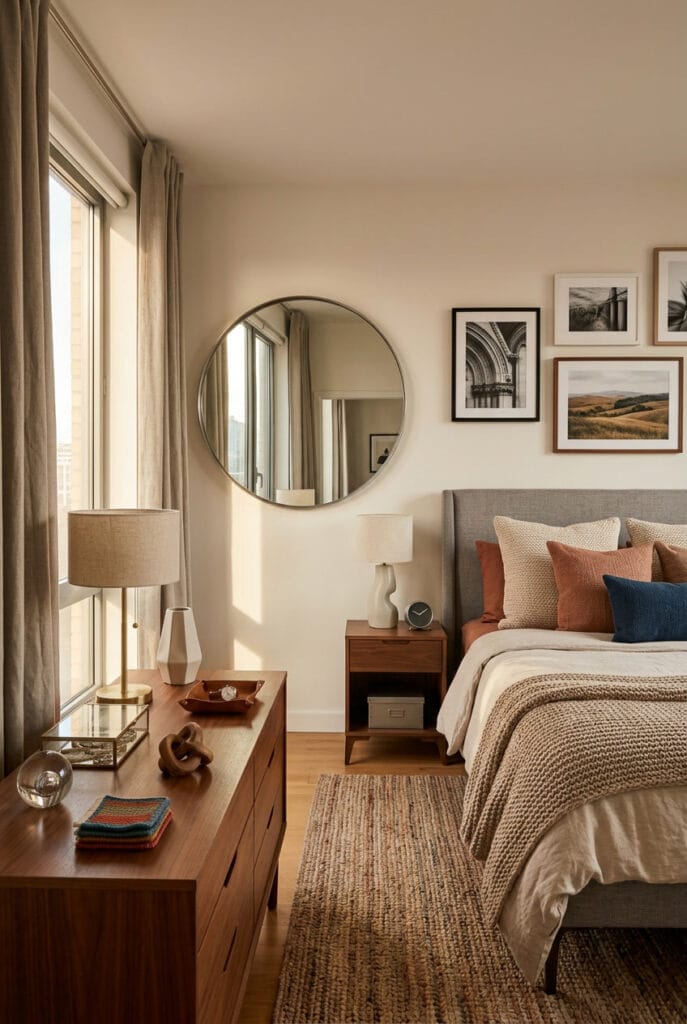 Déco chambre adulte avec un miroir décoratif élégant qui structure le mur et reflète la lumière pour agrandir visuellement la pièce