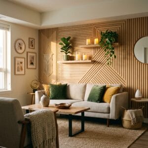 Décoration murale bois avec lattes géométriques en bois clair dans un salon scandinave