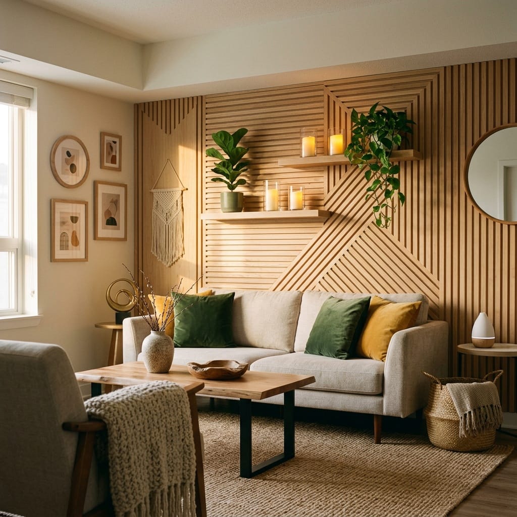 Décoration murale bois avec lattes géométriques en bois clair dans un salon scandinave