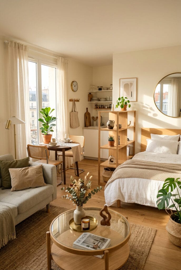 Studio cosy lumineux avec une ambiance chaleureuse et douce