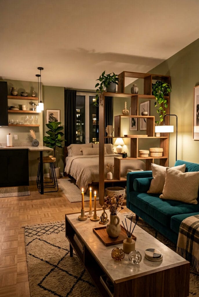 Studio cosy avec éclairage doux et décoration chaleureuse