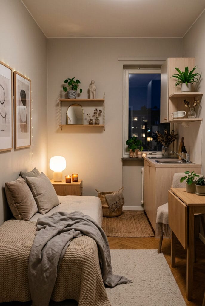 Intérieur de studio cosy chaleureux avec ambiance hygge et lumière tamisée