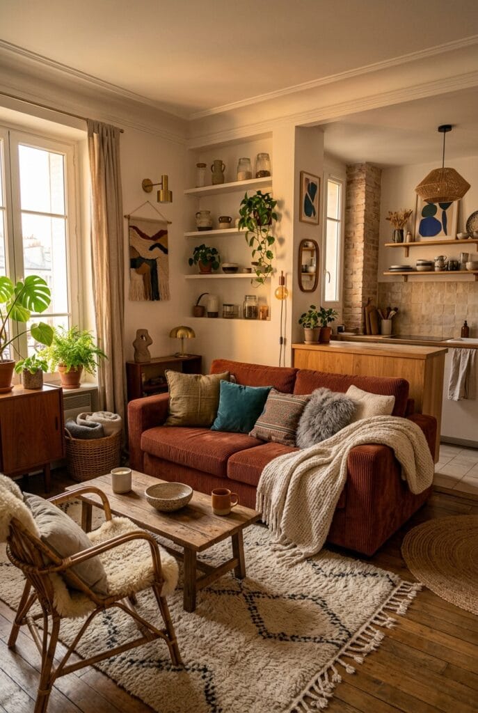 Studio cosy avec superposition de textures douces et naturelles