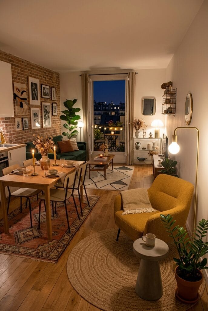 Studio cosy avec espaces de vie organisés et décoration chaleureuse