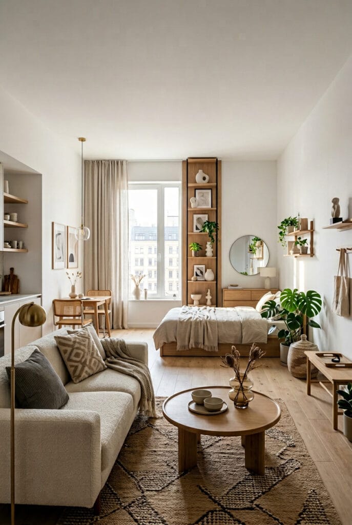 Studio cosy avec grands rideaux et meubles bas qui jouent sur les hauteurs