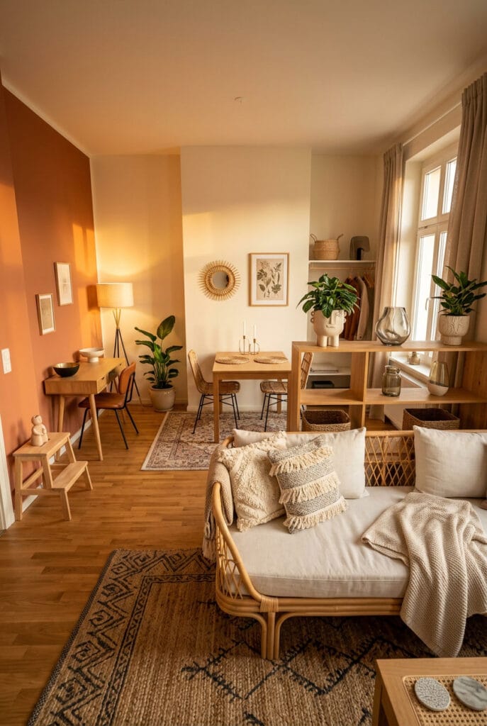 Intérieur de studio cosy avec mobilier en bois brut et ambiance chaleureuse