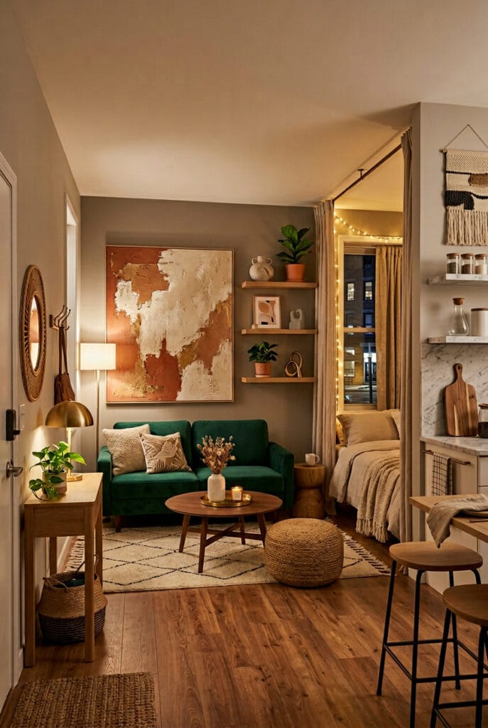 Studio cosy avec point focal fort qui capte immédiatement le regard