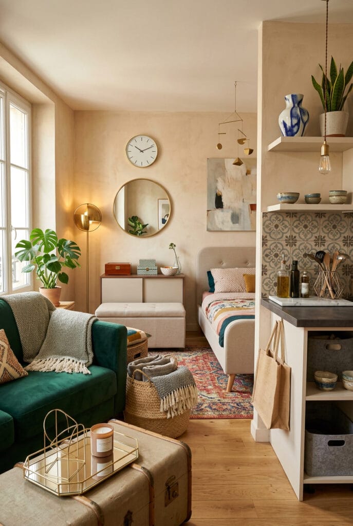 Studio cosy aéré avec rangements discrets qui libèrent l'espace visuel