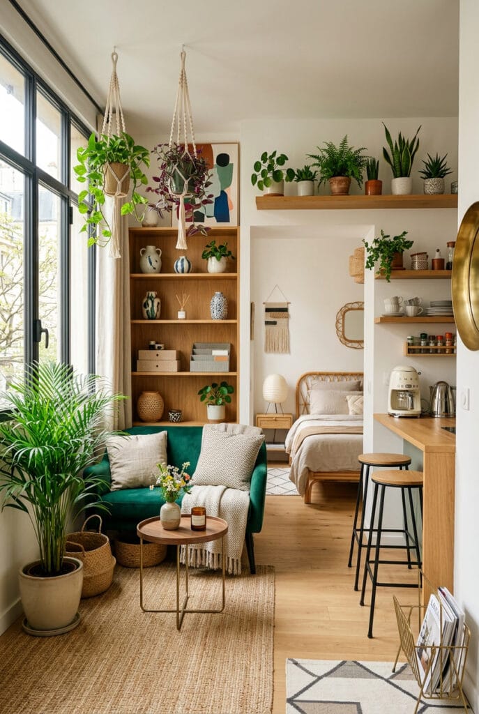 Studio cosy avec plantes vertes à différentes hauteurs et atmosphère naturelle