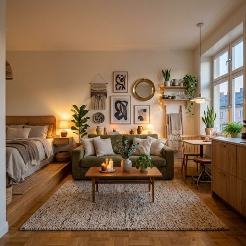 Studio cosy aménagé avec lumière douce, textures chaleureuses et plantes vertes
