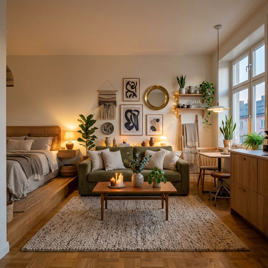 Studio cosy aménagé avec lumière douce, textures chaleureuses et plantes vertes