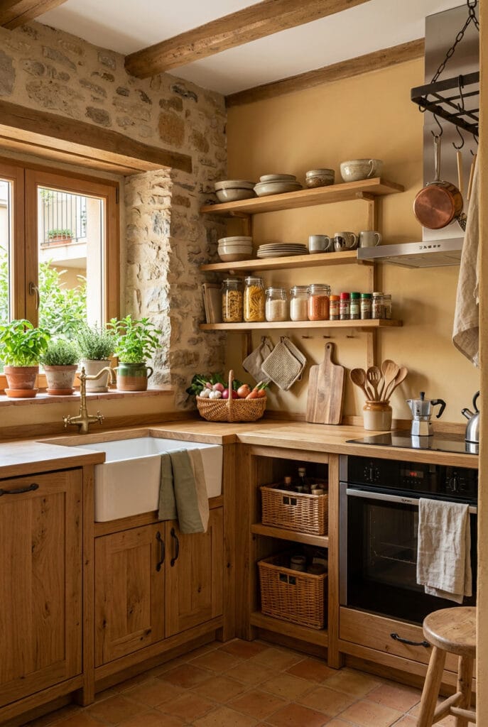 Cuisine campagne rustique et chaleureuse aux tons naturels et matières brutes
