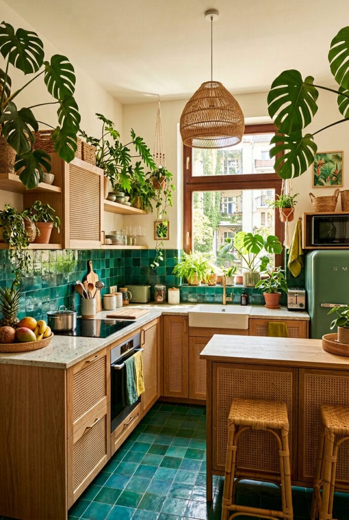 Intérieur de cuisine tropicale colorée aux tons jungle et océan et végétation luxuriante