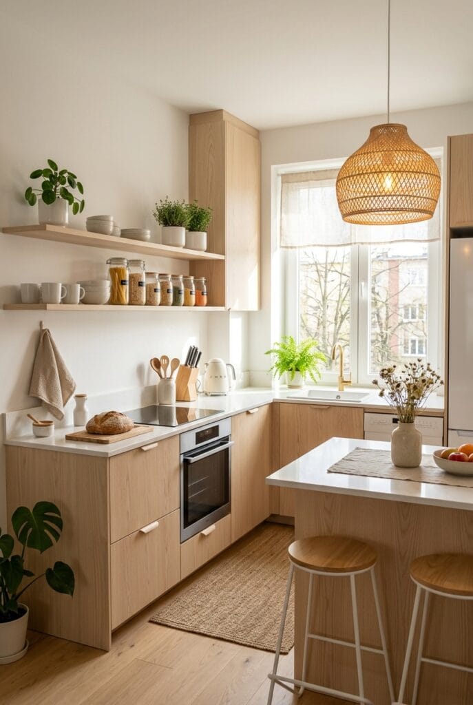 Cuisine scandinave épurée et lumineuse aux tons blancs et bois clair