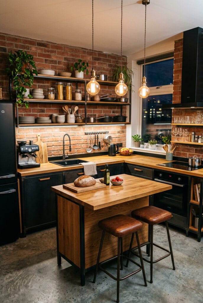 Cuisine industrielle cosy et caractérielle aux contrastes chaleureux et matières authentiques