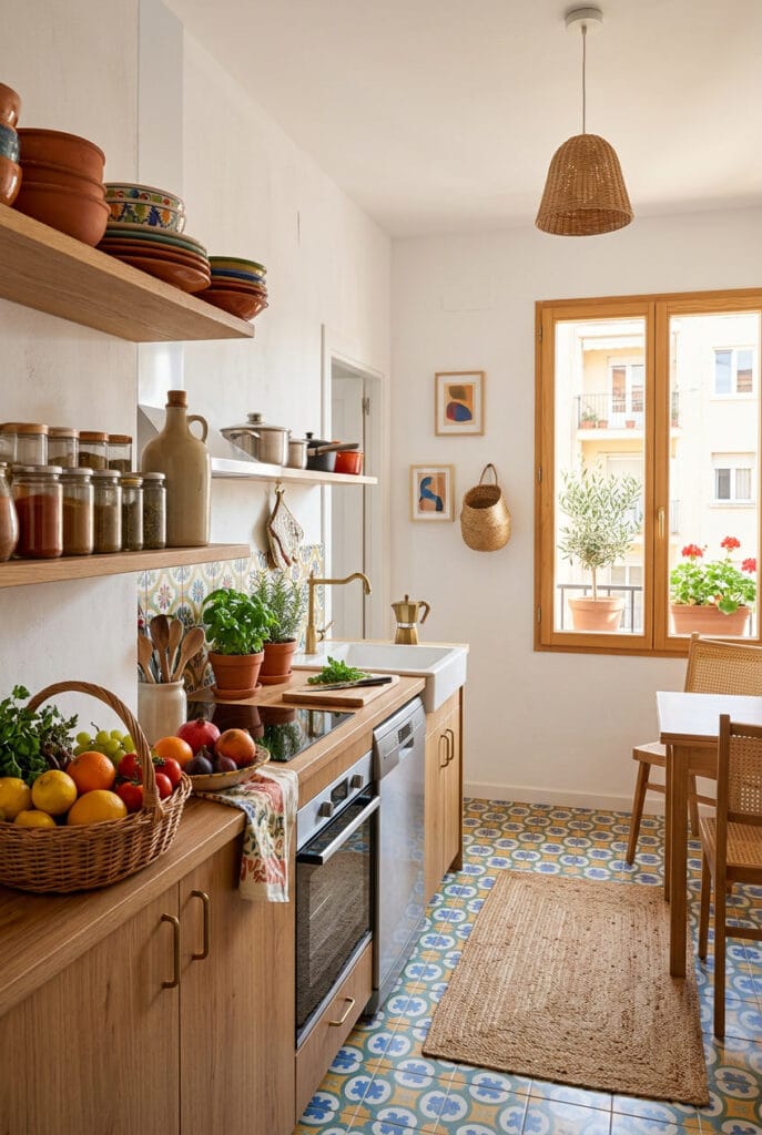 Cuisine méditerranéenne colorée et lumineuse aux tons chauds et matières authentiques