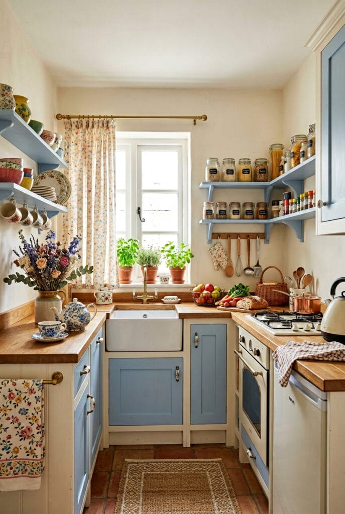 Cuisine cottage anglais romantique et fleurie aux tons doux et détails vintage