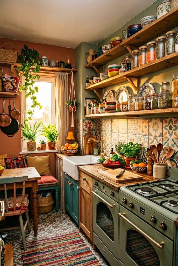 Intérieur de cuisine bohème plein de caractère aux couleurs franches et objets dépareillés