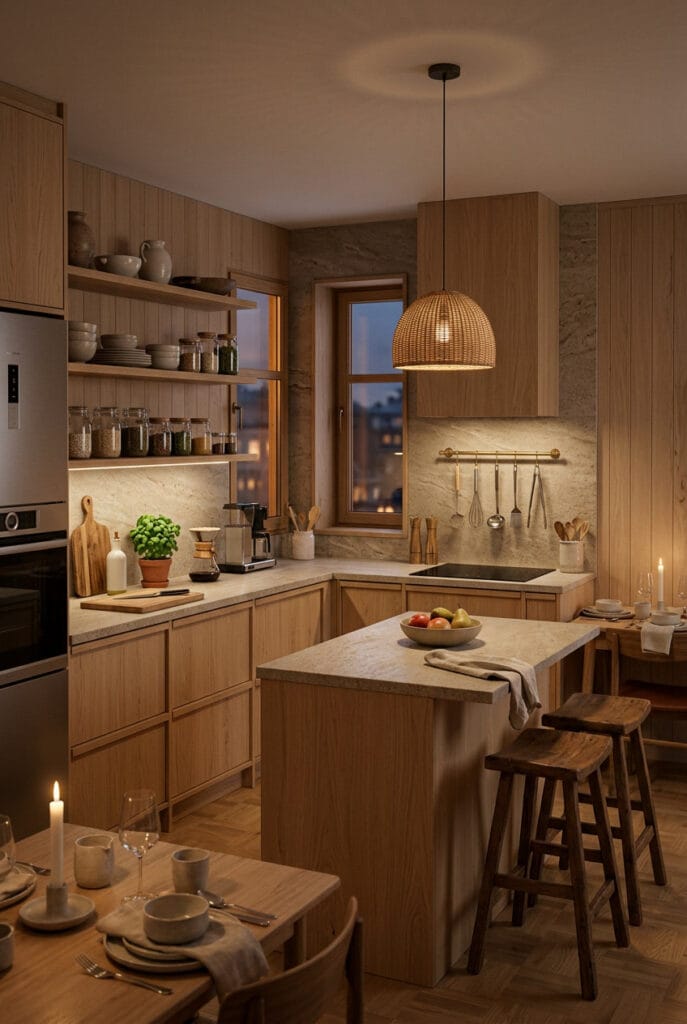 Cuisine nordique naturelle cosy et sobre aux matières brutes et lumière chaleureuse