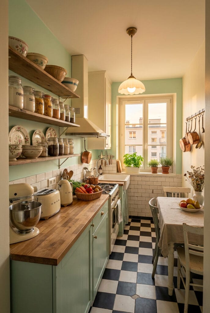 Cuisine vintage aux objets chinés, couleurs poudrées et carrelage rétro