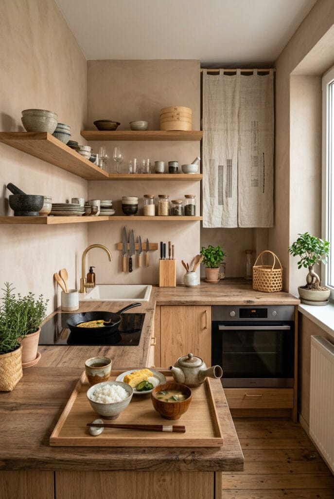 Intérieur de cuisine wabi-sabi épuré aux matières naturelles et atmosphère zen