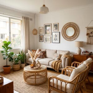 Intérieur ouvert cosy avec meubles en rotin harmonieusement disposés