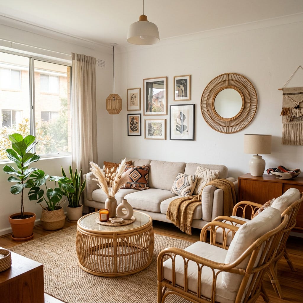 Intérieur ouvert cosy avec meubles en rotin harmonieusement disposés