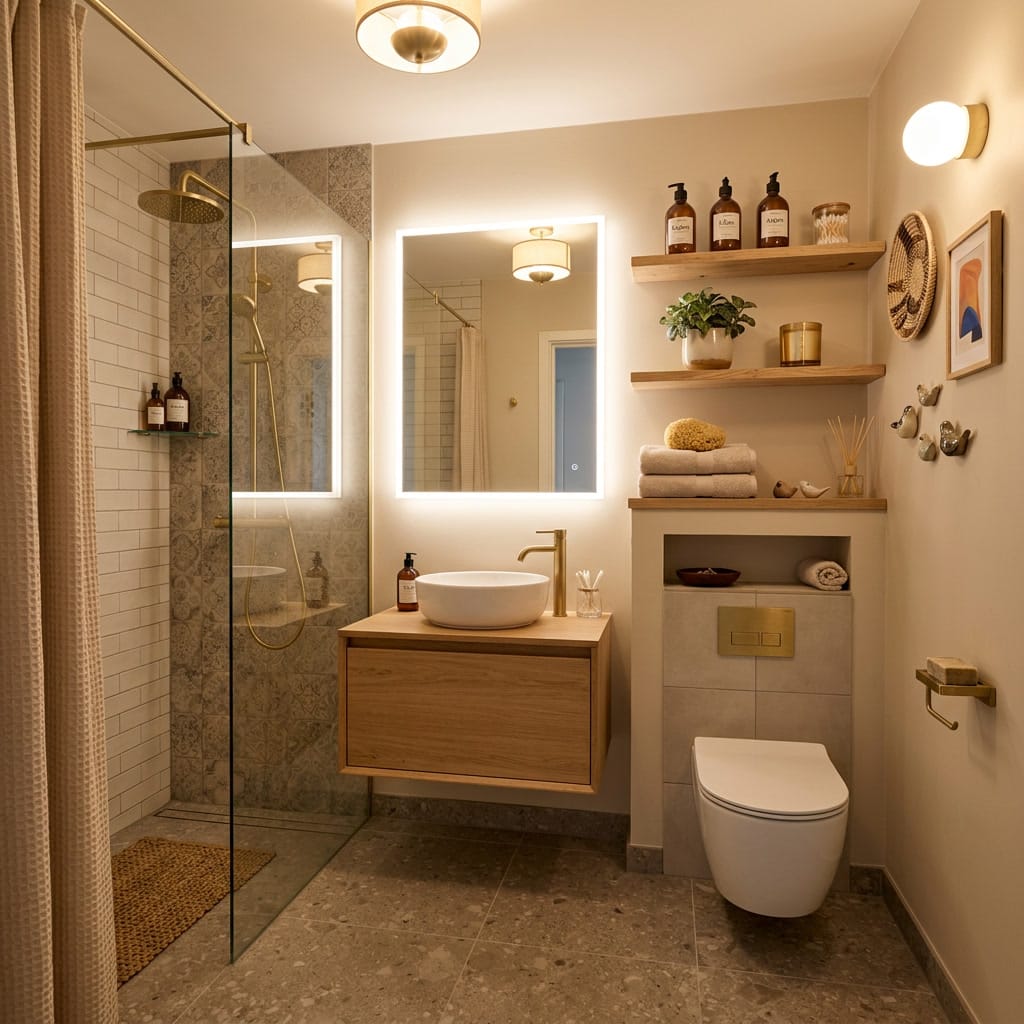 Petite salle de bain moderne avec douche italienne, meuble vasque suspendu et décoration cosy
