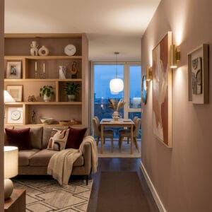 Salon, couloir et salle à manger décorés en couleur taupe pour une ambiance chaleureuse et cosy