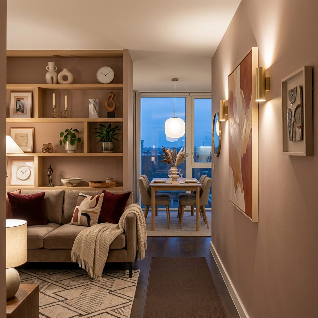 Salon, couloir et salle à manger décorés en couleur taupe pour une ambiance chaleureuse et cosy