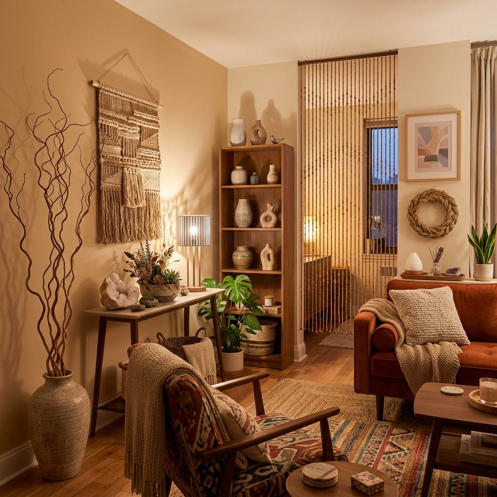 Salon cosy et chaleureux avec décoration cocooning alliant éléments naturels, lumière douce et objets poétiques pour une atmosphère apaisante
