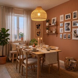 Salle à manger cosy et chaleureuse avec décoration naturelle, lumière dorée et matières authentiques créant une atmosphère conviviale et apaisante