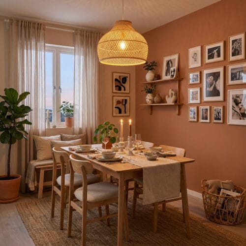 Salle à manger cosy et chaleureuse avec décoration naturelle, lumière dorée et matières authentiques créant une atmosphère conviviale et apaisante