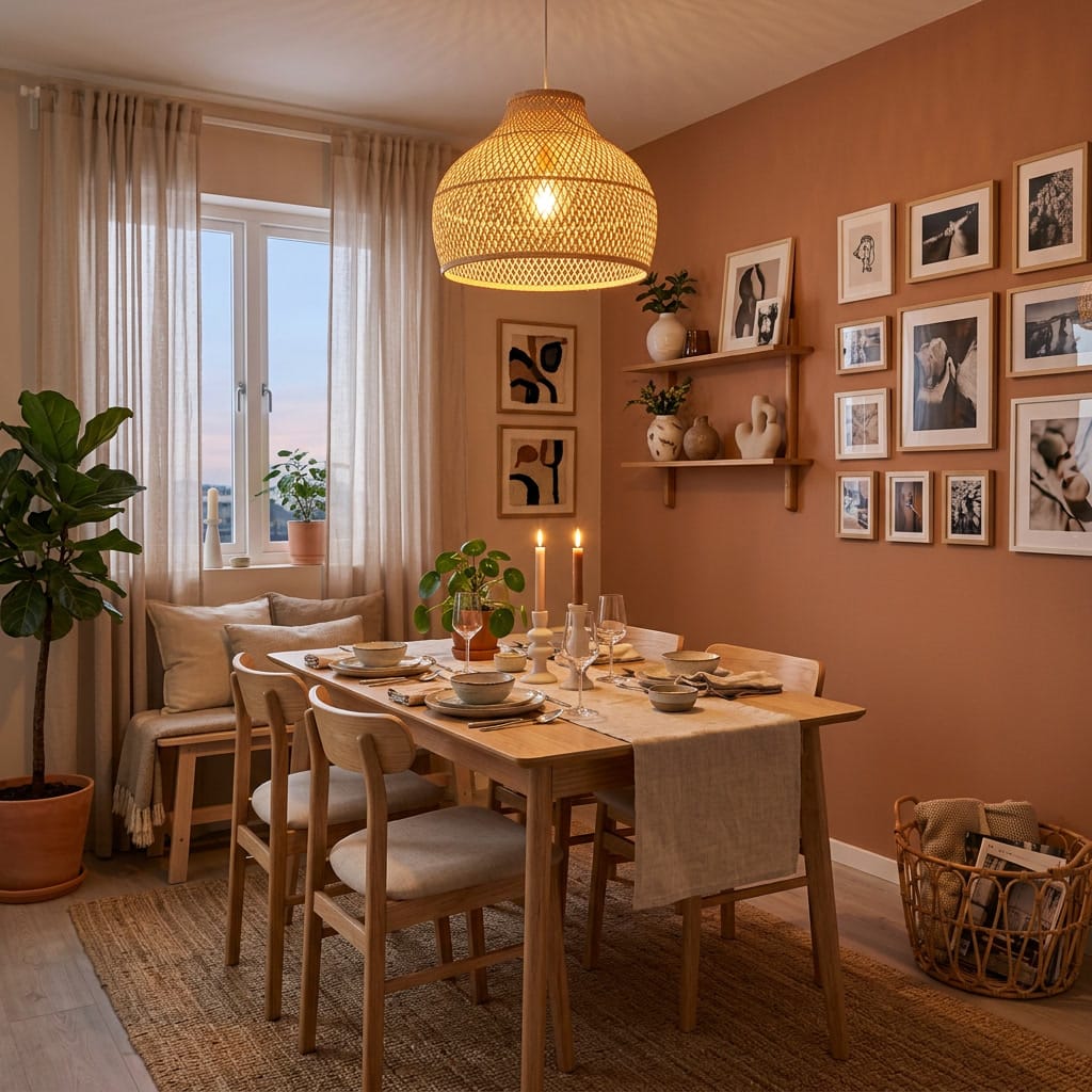 Salle à manger cosy et chaleureuse avec décoration naturelle, lumière dorée et matières authentiques créant une atmosphère conviviale et apaisante